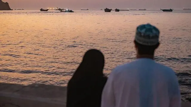 شخصان يشاهدان ناقلات نفط، وسفناً لنقل البضائع العامة، وسفناً لنقل البضائع السائبة، وقوارب صيد راسية في المياه قبالة مسقط بالقرب من مضيق هرمز، في 18 يونيو/حزيران 2026.