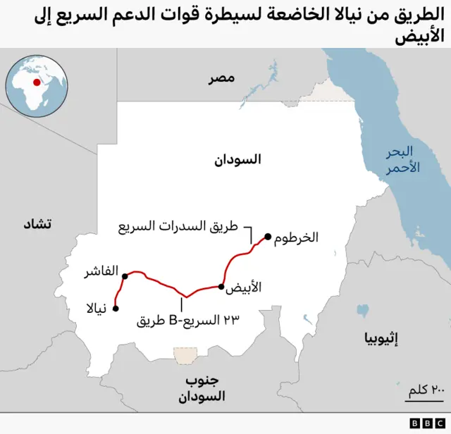خريطة من بي بي سي تُوضح موقع مدينة الأبيض، مع الإشارة إلى الطريقين الرئيسيين الرابطين بينها وبين نيالا والخرطوم.